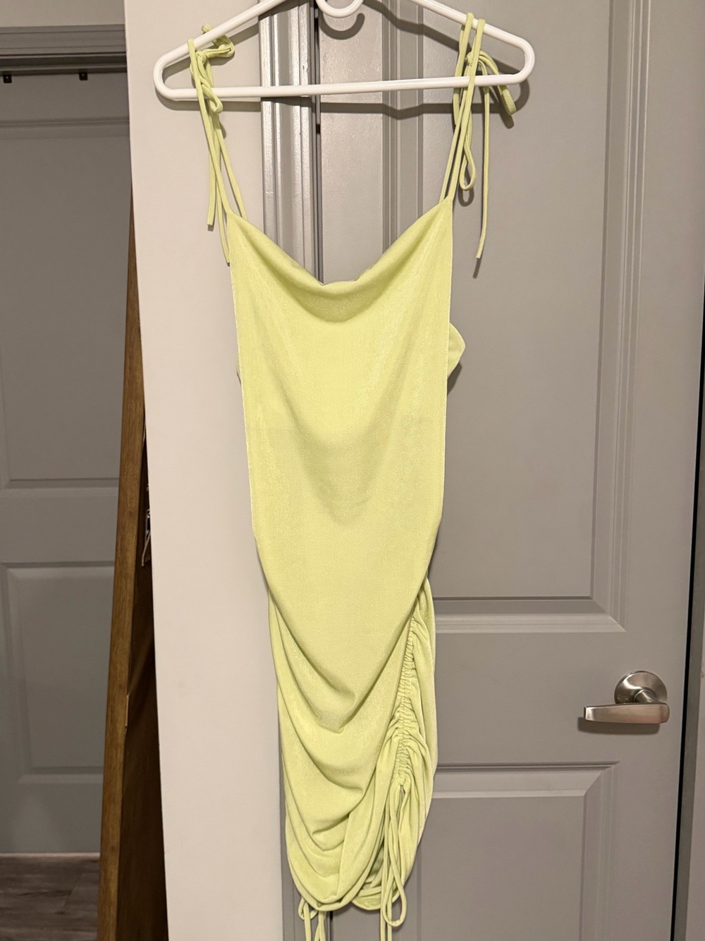 American Threads Light Yellow Ruched Tie-Shoulder Midi Dress